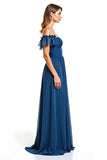 Ink Blue Tulle Off the Shoulder A-Line Ruched Long Wedding Guest Dress