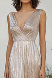 Champagne Metallic Pleated V-neck Sheath Long Formal Dress