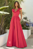 Red V-neck Matte Satin A-Line Long Formal Dress with Ruffles