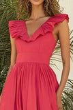 Red V-neck Matte Satin A-Line Long Formal Dress with Ruffles