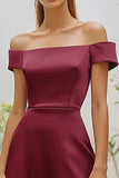 Burgundy Off the Shoulder Satin A-Line Ankle Length Formal Dress