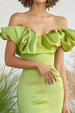 Lemon Green Satin Off the Shoulder Mermaid Long Formal Dress