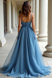 Blue Organza Spaghetti Straps A Line Ruched Prom Dress