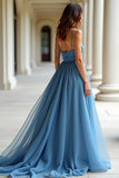 Blue Organza Spaghetti Straps A Line Ruched Prom Dress