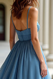 Blue Organza Spaghetti Straps A Line Ruched Prom Dress