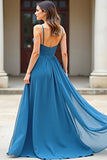 Blue Chiffon A Line Spaghetti Straps Ruched Prom Dress