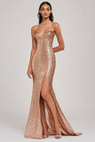 Sparkly Champagne Mermaid Strapless Sequins Long Prom Dress with Slit