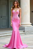 Pink Sheath Spaghetti Straps Satin Long Prom Dress with Appliques