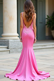 Pink Sheath Spaghetti Straps Satin Long Prom Dress with Appliques