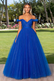 Sparkly Royal Blue Off the Shoulder Tulle Ball Gown