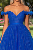 Sparkly Royal Blue Off the Shoulder Tulle Ball Gown