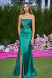 Green Mermaid Strapless Ruched Satin Long Prom Dress with Slit