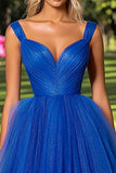 Sparkly Royal Blue V Neck Tulle Ruched Prom Dress