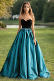 Black Peacock Blue Ball Gown Strapless Satin Pleating Long Prom Dress