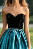 Black Peacock Blue Ball Gown Strapless Satin Pleating Long Prom Dress