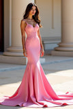 Pink Mermaid Satin Spaghetti Straps Long Prom Dress with Appliques