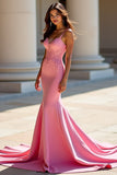 Pink Mermaid Satin Spaghetti Straps Long Prom Dress with Appliques