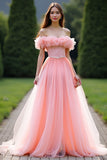 Princess Pink Ball Gown Ruffled Off the Shoulder Tulle Long Prom Dress with Beading