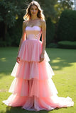 Pink A-Line Strapless Ruffles Tulle Ball Gown