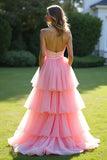 Pink A-Line Strapless Ruffles Tulle Ball Gown