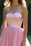 Pink A-Line Strapless Ruffles Tulle Ball Gown