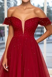 Sparkly Burgundy Ball Gown Off the Shoulder Tulle Long Prom Dress with Beading