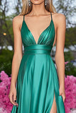 Green Satin Spaghetti Straps A-Line Ruched Long Prom Dress with Slit