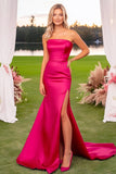 Fuchsia Satin Strapless Sheath Long Prom Dress with Slit