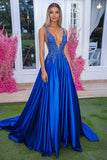 Royal Blue Spaghetti Straps Satin A-Line Ruched Long Prom Dress with Appliques