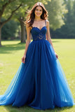 Navy Spaghetti Straps Tulle A-Line Long Prom Dress with Appliques