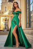 Green Satin Off the Shoulder A-Line Long Prom Dress with Slit