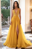 Yellow Chiffon V-Neck A-Line Appliqued Long Prom Dress with Slit