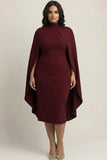Burgundy Plus Size Sheath High Neck Midi Formal Dress with Cape