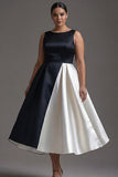 Plus Size A Line Boat Neck Satin Black Tie Dress