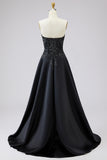 Black A-Line Satin Sweetheart Long Prom Dress with Lace Appliques