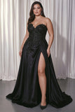 Black Sweetheart A-Line Satin Long Plus Size Prom Dress with Slit