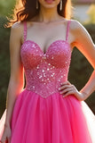 Sparkly Fuchsia A Line Spaghetti Straps Long Tulle Prom Dress With Sequins