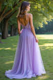 Sparkly Lilac A Line Spaghetti Straps Lace Long Prom Dress With Slit