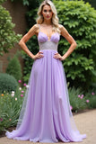 Sparkly Lilac A Line Beaded Spaghetti Straps Tulle Long Prom Dress