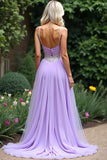 Sparkly Lilac A Line Beaded Spaghetti Straps Tulle Long Prom Dress