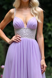 Sparkly Lilac A Line Beaded Spaghetti Straps Tulle Long Prom Dress