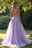 Lilac A Line Spaghetti Straps Long Prom Dress With Lace Appliques