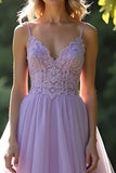 Lilac A Line Spaghetti Straps Long Prom Dress With Lace Appliques