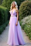 Lilac A Line Deep V Neck Long Prom Dress With Beading