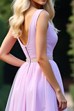 Lilac A Line Deep V Neck Long Prom Dress With Beading