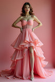 Sparkly Pink A Line Spaghetti Straps Ruffle Long Prom Dress With Sequins