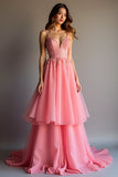 Sparkly Pink Sequin A Line Ruffled Long Prom Dress With Lace