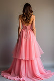 Sparkly Pink Sequin A Line Ruffled Long Prom Dress With Lace