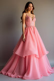 Sparkly Pink Sequin A Line Ruffled Long Prom Dress With Lace