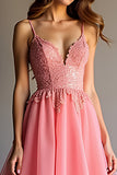 Sparkly Pink Sequin A Line Ruffled Long Prom Dress With Lace